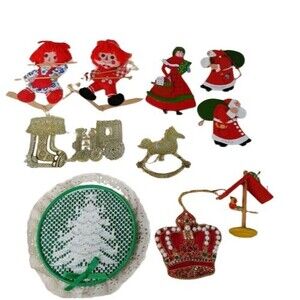 11 Lot VTG Christmas Ornament Handmade Wood Raggedy Santa Crown Cuckoo Laser Cut